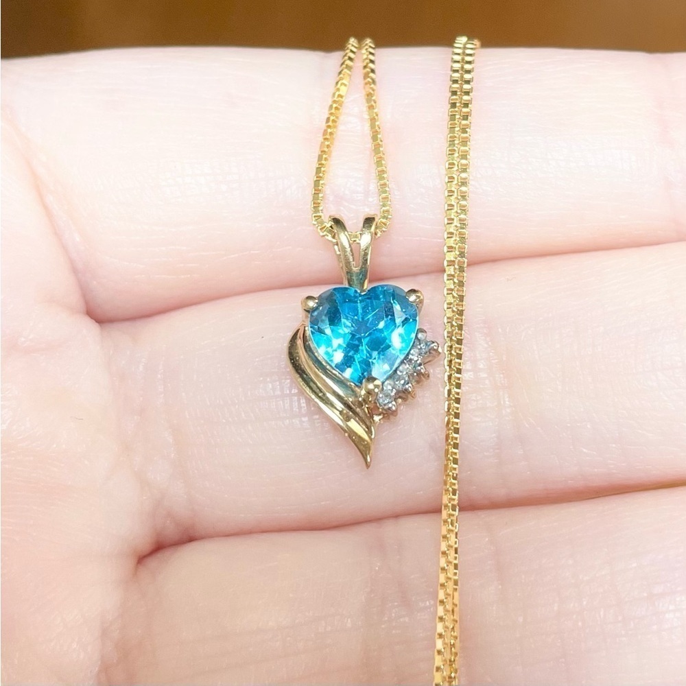 london blue topaz heart cut 10k solid yellow gold open heart diamond pendant - Picture 2 of 9